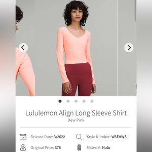 lululemon athletica Dew Pink Long Sleeve Crop Top